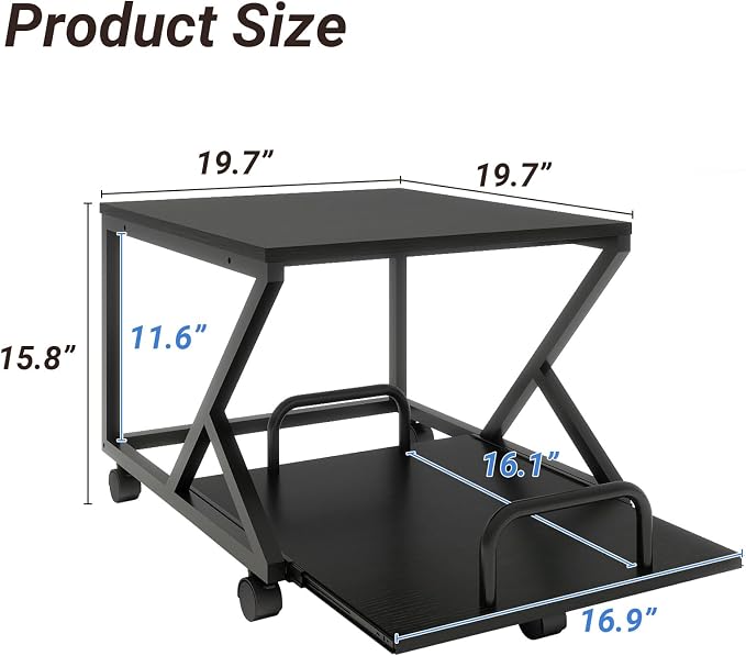 Natwind 2 Tier Printer Stand,19.7''x19.7'',with Pull Out Shelf,Black | Easy Reach for Lower Shelf Items,Rolling Printer Cart with Wheels, Fits Under Desk,Supports 180lbs,for Home Office Kitchen