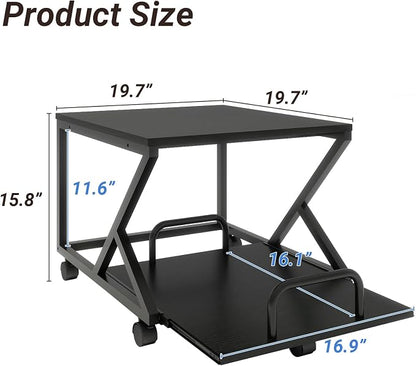 Natwind 2 Tier Printer Stand,19.7''x19.7'',with Pull Out Shelf,Black | Easy Reach for Lower Shelf Items,Rolling Printer Cart with Wheels, Fits Under Desk,Supports 180lbs,for Home Office Kitchen