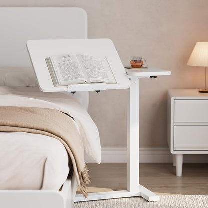 Solid Wood Overbed Bedside Table with Wheels, Tilting Adjustable Hospital Bed Table Over The Bed, Medical Mobile Laptop Stand, Rolling Standing Desk for Hospital and Home Use(White)