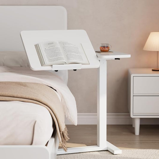 Solid Wood Overbed Bedside Table with Wheels, Tilting Adjustable Hospital Bed Table Over The Bed, Medical Mobile Laptop Stand, Rolling Standing Desk for Hospital and Home Use(White)
