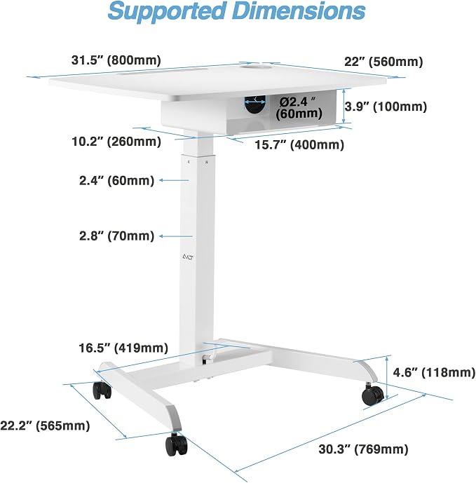 AVLT 44" Height Adjustable Foot Pedal Rolling Desk with Shelf White | 3 ft 8 inches - Pneumatic Laptop Standing Desk Cart - Mobile Laptop Cart Computer Projector Cart with Brake Casters