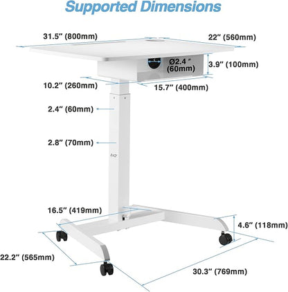 AVLT 44" Height Adjustable Foot Pedal Rolling Desk with Shelf White | 3 ft 8 inches - Pneumatic Laptop Standing Desk Cart - Mobile Laptop Cart Computer Projector Cart with Brake Casters