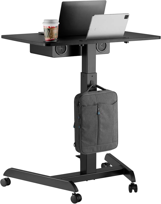 AVLT 44" Height Adjustable Foot Pedal Rolling Desk with Shelf - Black | 3 ft 8 inches - Pneumatic Laptop Standing Desk Cart - Mobile Laptop Cart Computer Projector Cart with Brake Casters