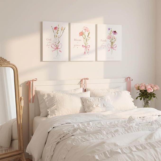 Baby Girl Nursery Wall Art Set of 3 Pink Bow Floral Canvas Prints, Christian Bible Verse Nursery Decor, Cute Flower Posters Pictures with Scripture for Girls Room Bedroom Framed 12x16 Inch