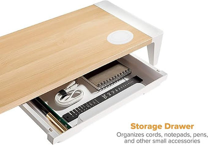 Bostitch Office Wooden Monitor Stand with Wireless Charging Pad, Drawer for Storage, Adjustable Height Riser Includes Removable Non-Skid Rubber Feet - Wood Grain and White (STND-2408WH)