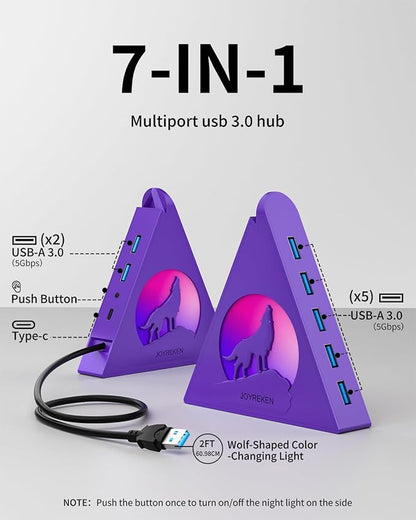 Deep Purple 7-Port USB 3.0 Hub, RGB Vertical Gaming USB Hub Tower with 5Gbps Data Transfer, 2FT Cable - USB Hub Splitter for PC, MacBook, Laptop, PS5, Flash Drives