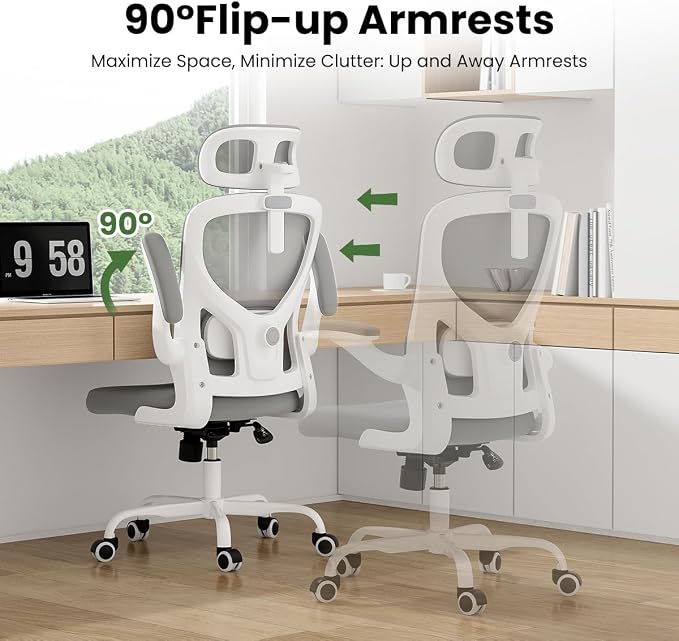 Soohow Office Chair, Ergonomic Office Mesh Desk Chair with Adjustable Back Support, High Back Comfy Computer Swivel Chair with Headrest, Lumbar Support for Study Room, Gaming and Office, White & Grey