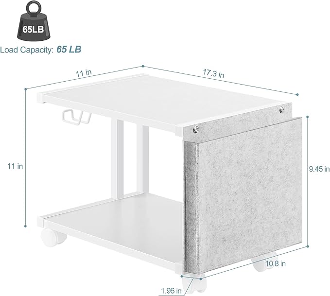 Printer Stand Under Desk Printer Table with Wheels 2 Tier Small Printer Cart with Storage Bag Desktop White Printer Stands for Home Office Fax Machine Scanner Files (White)