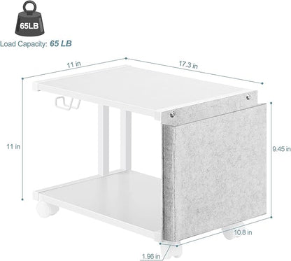 Printer Stand Under Desk Printer Table with Wheels 2 Tier Small Printer Cart with Storage Bag Desktop White Printer Stands for Home Office Fax Machine Scanner Files (White)