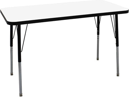 FDP Dry-Erase Rectangle Activity School and Office Table (24 x 48 inch), Standard Legs with Swivel Glides, Adjustable Height 19-30 inches; Quick Ship Single Box - Whiteboard Top and Black Edge