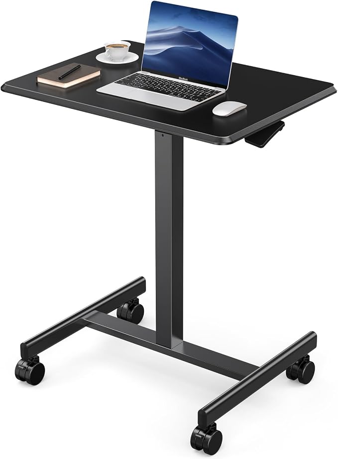 DUMOS Small Standing Desk Mobile Portable Rolling Laptop PC Table on Wheels Adjustable Height Computer Workstation for Home Office Small Space, 19 Inch, Black