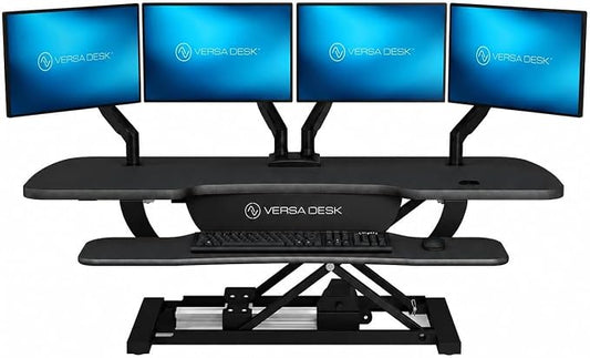 VERSADESK PowerPro 48 Inch Electric Standing Desk Converter – Push-Button Height Adjustable Sit to Stand Desk Riser for Multiple Monitors – Motorized Desktop Workstation with Wide Keyboard Tray, Black