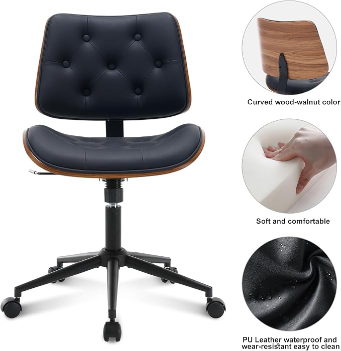 BV Armless Desk Chair with Wheels, 360 Swivel Home Office Chair No Arms, Height Adjustable Task Chair for Small Space, PU Leather Office Chair, Rolling Chair for Reading Room, Conference Room, Black