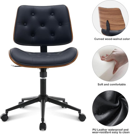 BV Armless Desk Chair with Wheels, 360 Swivel Home Office Chair No Arms, Height Adjustable Task Chair for Small Space, PU Leather Office Chair, Rolling Chair for Reading Room, Conference Room, Black
