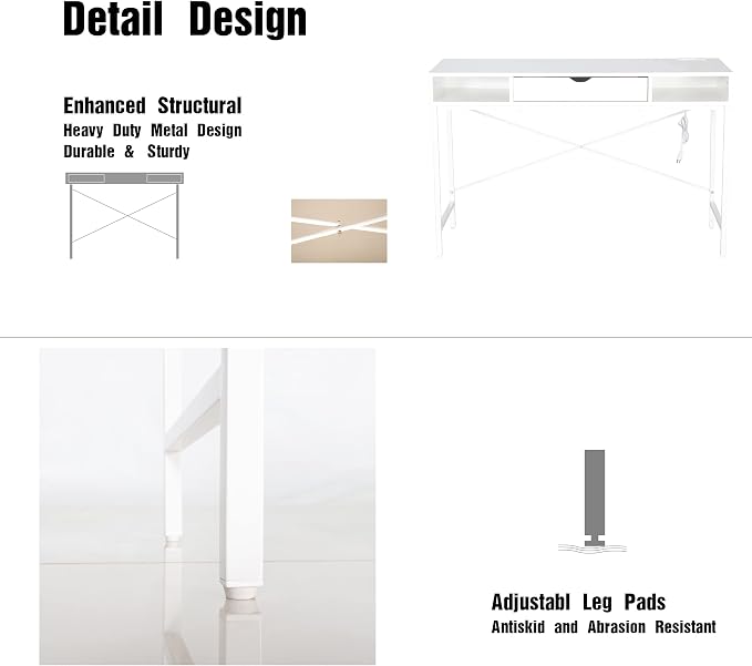 JJS 48' Writing Desk with Power Outlet, Home Office Contemporary Large Computer Desk Laptop Workstation with Drawer USB Ports Charging Station, White