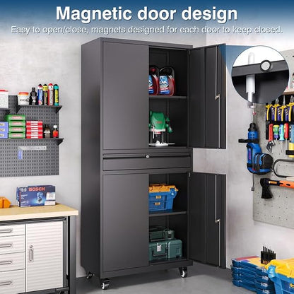 Black Metal Storage Cabinet with Wheels, 73" Tall Garage Rolling Storage Cabinets with Doors and Shelves, Lockable Tool Caninet Steel Locking Cabnets for Home Office, Garage, Pantry