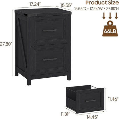 Vabches 2 Drawer Vertical File Cabinet, Wood Farmhouse Filing Cabinet Fits A4/Letter Size, Under Desk Small File Cabinets Printer Stand with Storage for Home Office, Black