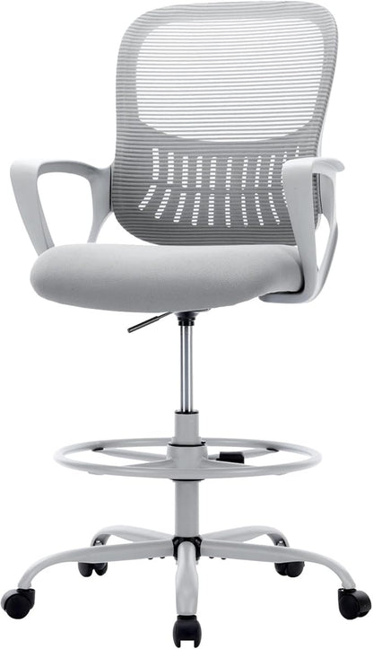 Sweetcrispy Tall Drafting Desk Chair - Ergonomic High Stool Computer with Adjustable Height and Comfy Lumbar Support, Office Rolling Counter with Flixed Arms and Footrest, Grey