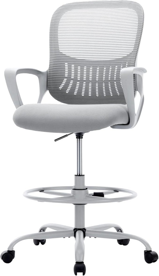 Sweetcrispy Tall Drafting Desk Chair - Ergonomic High Stool Computer with Adjustable Height and Comfy Lumbar Support, Office Rolling Counter with Flixed Arms and Footrest, Grey