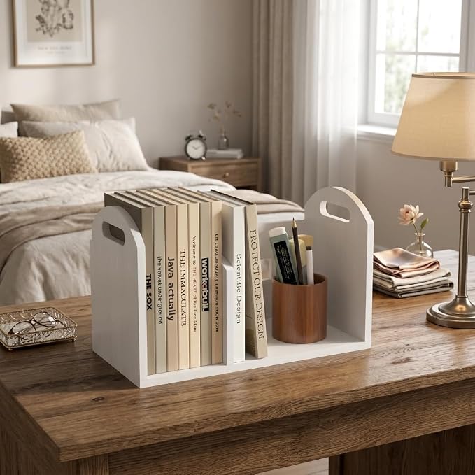 Wood Desktop Bookshelf, Upright Tabletop Book Shelf With Adjustable Divider Secure Books in Place, Desk Shelf for Top of Desk in Living Room Home Office, Perfect for Books Magazine File (White)