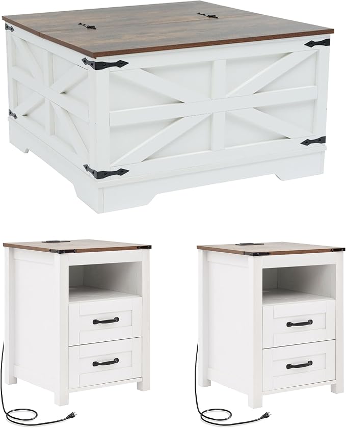 Farmhouse Coffee Table and End Table Sets of 3, 3 Piece Living Room Table Set with Charging Station, Lift Top Coffees and 2 Drawer Dresser, Wood Furniture Sets with Storage, White