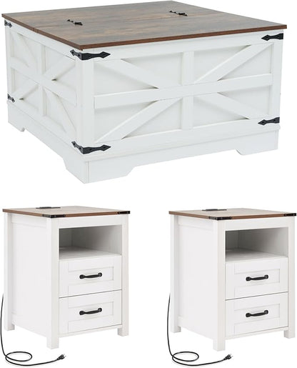 Farmhouse Coffee Table and End Table Sets of 3, 3 Piece Living Room Table Set with Charging Station, Lift Top Coffees and 2 Drawer Dresser, Wood Furniture Sets with Storage, White