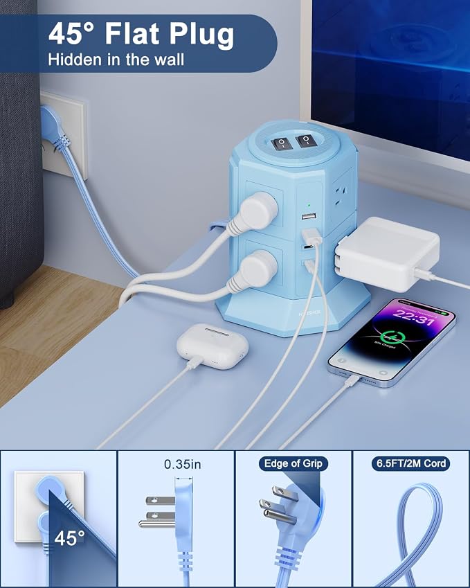 Surge Protector Power Strip Tower with 8 AC Outlets 4 USB Ports(2 Type C), 6.5 FT Ultra Flat Extension Cord with Multiple Outlets, Charging Station with Surge Protection for Family, Office, Dorm