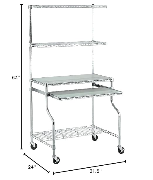 Nexel Commercial Wire Shelf Mobile Computer LAN Workstation, 31.5"W x 24"D x 63"H, Keyboard Tray, Adjustable, Castors, Chrome