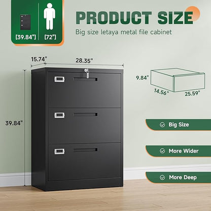 Letaya 3 Drawer File Cabinets with Lock,Metal Lateral Filing Storage Cabinet Printer Stand,Black Steel Home Office Cabinet for Hanging Files Letter/Legal/A4 Size (Black, H39.84×W28.35×D15.74)