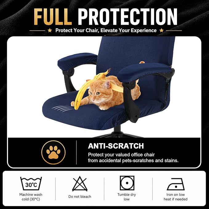 Stretch Computer Office Chair Cover with Armrest Covers Durable Zipper Universal Washable Removable Spandex Rotating Boss Chair Slipcovers Anti-dust Soft Desk Chair Seat Protector, Navy