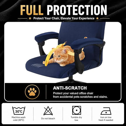 Stretch Computer Office Chair Cover with Armrest Covers Durable Zipper Universal Washable Removable Spandex Rotating Boss Chair Slipcovers Anti-dust Soft Desk Chair Seat Protector, Navy