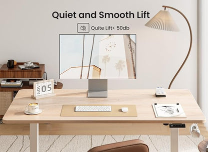 BANTI 55 × 24 Inches Standing Desk, Ergonomic, Electric Height Adjustable, Sit and Stand Up, Computer Office Desk with Splice Board, White Frame/Maple Top