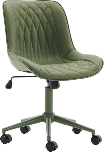 YOUNIKE Olive Green Faux Leather Ergonomic Office Chair Armless Comfy Desk Chair with Rocking Back Cute Swivel Vanity Chair with Wheels Height Adjustable Small Computer Task Chair for Sewing Drafting