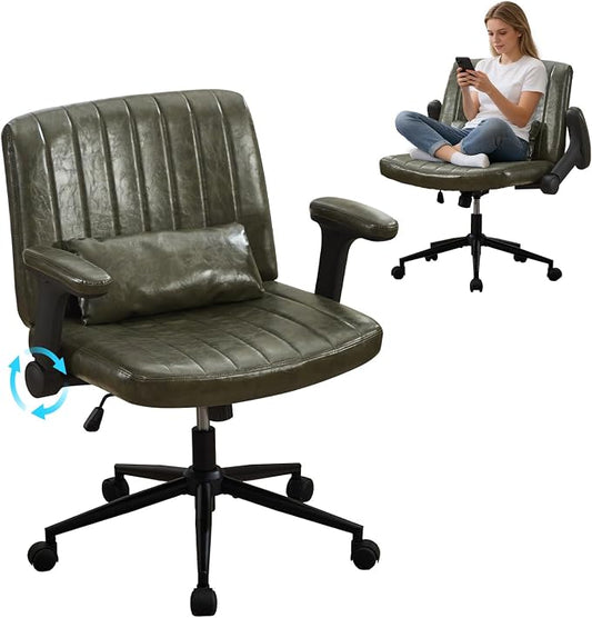 IPKIG Criss Cross Chair with Adjustable Flip-up Arms, Vanity Chair with Wheels, Comfy Desk Chair with Lumbar Pillow Swivel Wide Office Chair for Home Office, Bedroom (PU Leather, Green)