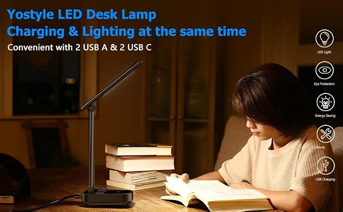 Yostyle LED Desk Lamp with 4 USB Charging Ports and 2 AC Outlets,5ft Extension Cord Power Strip Station, 3 Level Brightness, Touch Dimmer Control, Office Table Eye Care Lamp Bedroom Hotel
