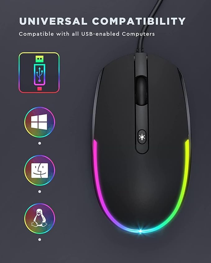 seenda Wired Mouse - USB Corded Mouse with Colorful RGB Backlit, Plug and Play, 1600 DPI Optical Tracking，Silent Computer Mouse for Laptop, PC, Chromebook, Desktop, Office, School, Home, Black