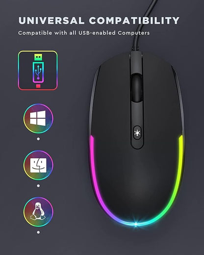 seenda Wired Mouse - USB Corded Mouse with Colorful RGB Backlit, Plug and Play, 1600 DPI Optical Tracking，Silent Computer Mouse for Laptop, PC, Chromebook, Desktop, Office, School, Home, Black