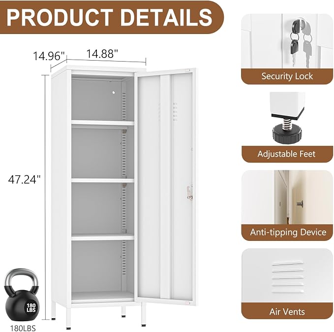 pozdeg 47.24" Metal Storage Locker with Lockable, Employees Metal Steel Locker with 1 Door ＆ 3 Adjustable Shelves, Small Locker Storage Cabinets for Home, School, Office, Gym (White)