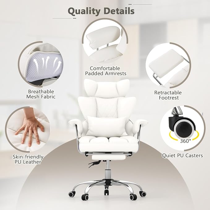 Giantex Office Desk Chair, Big and Tall Executive Office Chair with Foot Rest and Lumbar Support, High Back Leather Swivel Computer Task Chair, Large Ergonomic Reclining Home Office Chair, White
