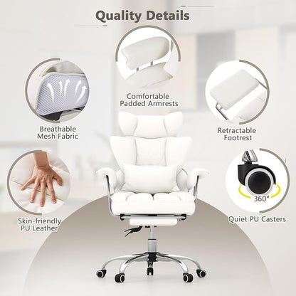Giantex Office Desk Chair, Big and Tall Executive Office Chair with Foot Rest and Lumbar Support, High Back Leather Swivel Computer Task Chair, Large Ergonomic Reclining Home Office Chair, White
