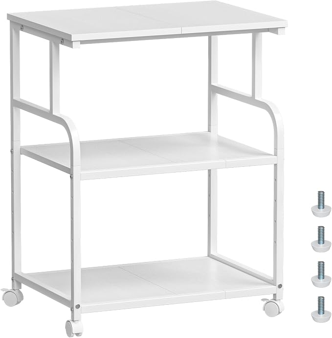 3-Tier Large Printer Stand with Storage, Rolling Printer Cart with Lockable Wheels for Home, Office (White)