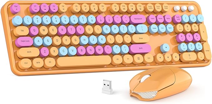 Wireless Keyboard and Mouse Combo, MOWUX Colorful Computer Full Size 2.4G Plug and Play Wireless Typewriter Keyboard and Mouse Set for Windows, Computer, Desktop, PC, Notebook (Orange Colorful)