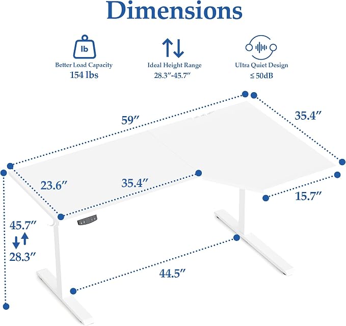 Klicelor L Shaped Standing Desk 59 x 35.4 Inch, Electric Height Adjustable Corner Desk for Home Office Workstation, Ergonomic Sit Stand Computer Table with Memory Controller, White