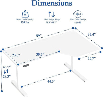 Klicelor L Shaped Standing Desk 59 x 35.4 Inch, Electric Height Adjustable Corner Desk for Home Office Workstation, Ergonomic Sit Stand Computer Table with Memory Controller, White