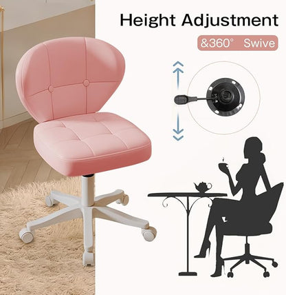Small Office Chair with Lumbar Support, PU Leather Armless Swivel Desk Chair Adjustable Height, Compact Rolling Chair for Home Office, Bedroom, Study Pink Set of 2
