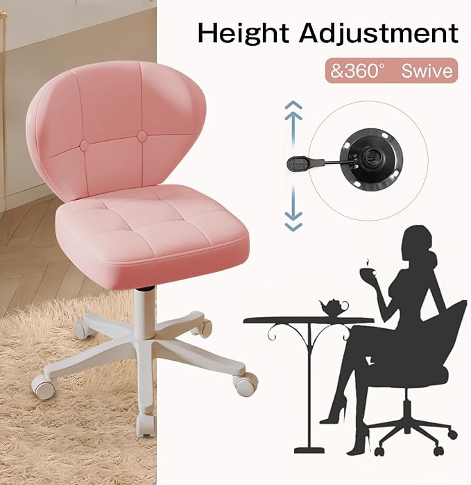 Small Office Chair with Lumbar Support, PU Leather Armless Swivel Desk Chair Adjustable Height, Compact Rolling Chair for Home Office, Bedroom, Study （Pink）