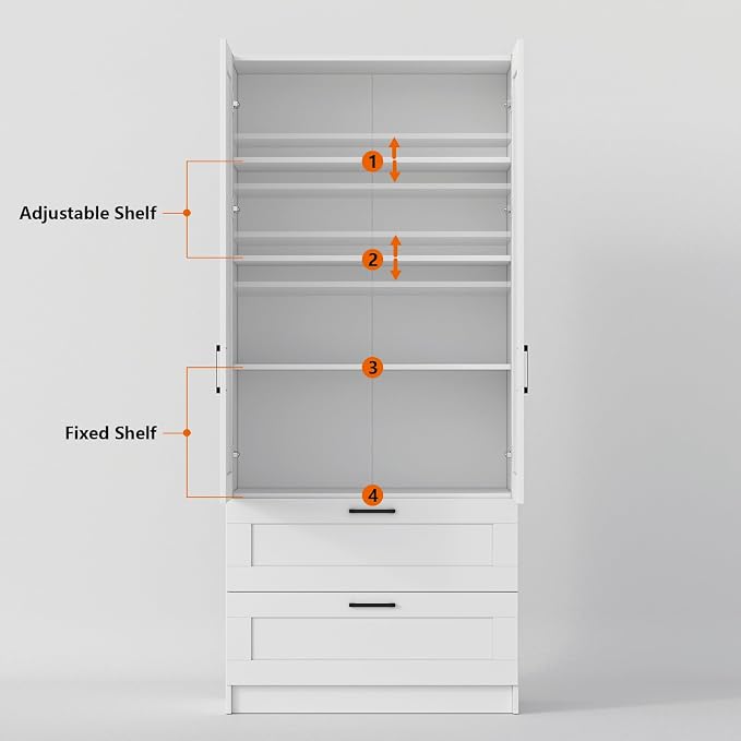 White Tall Kitchen Pantry Cabinet Organizers and Storage with Doors and Drawer and Adjustable Shelves，Wood Large Gabinetes Para Cocina Office Bookshelf for Laundry Room Cabinets (31.5”W*15.7”D*71”H)