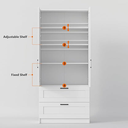 White Tall Kitchen Pantry Cabinet Organizers and Storage with Doors and Drawer and Adjustable Shelves，Wood Large Gabinetes Para Cocina Office Bookshelf for Laundry Room Cabinets (31.5”W*15.7”D*71”H)