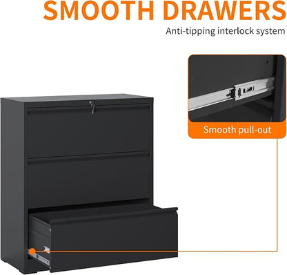 Locking Filing Cabinet with 3 Drawer Heavy Duty Large Metal Cabinet Home Office Black Lateral File Cabinets Wide Steel Cabinets for Legal/Letter Size File,Assembly Required