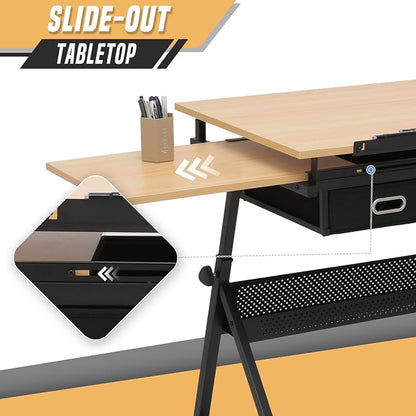 Drafting Table with Height Adjustable Wood Top, Drawing Table with Storage Drawers, Extendable Design, Art Desk Ideal for Drawing, Painting, Writing, Home Office, Natural
